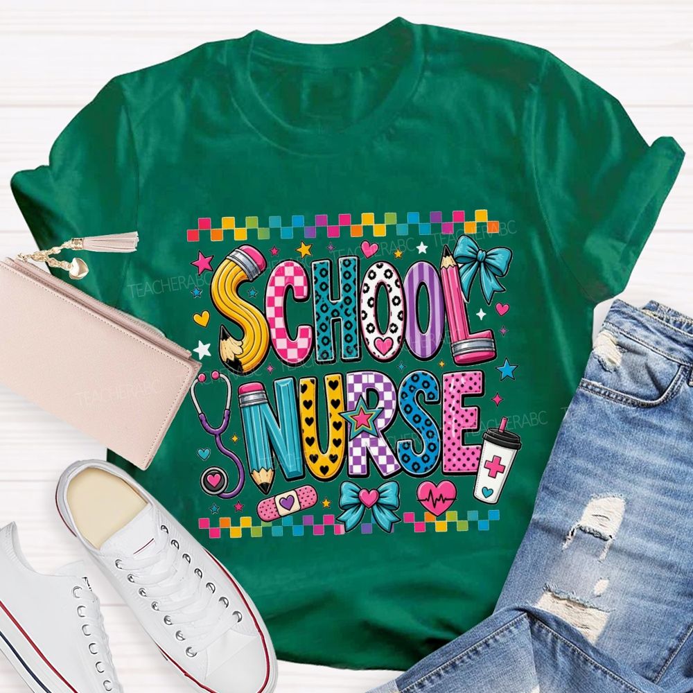 Colorful Doodle School Nurse Color Pencil Stethoscope Coffee T-shirt