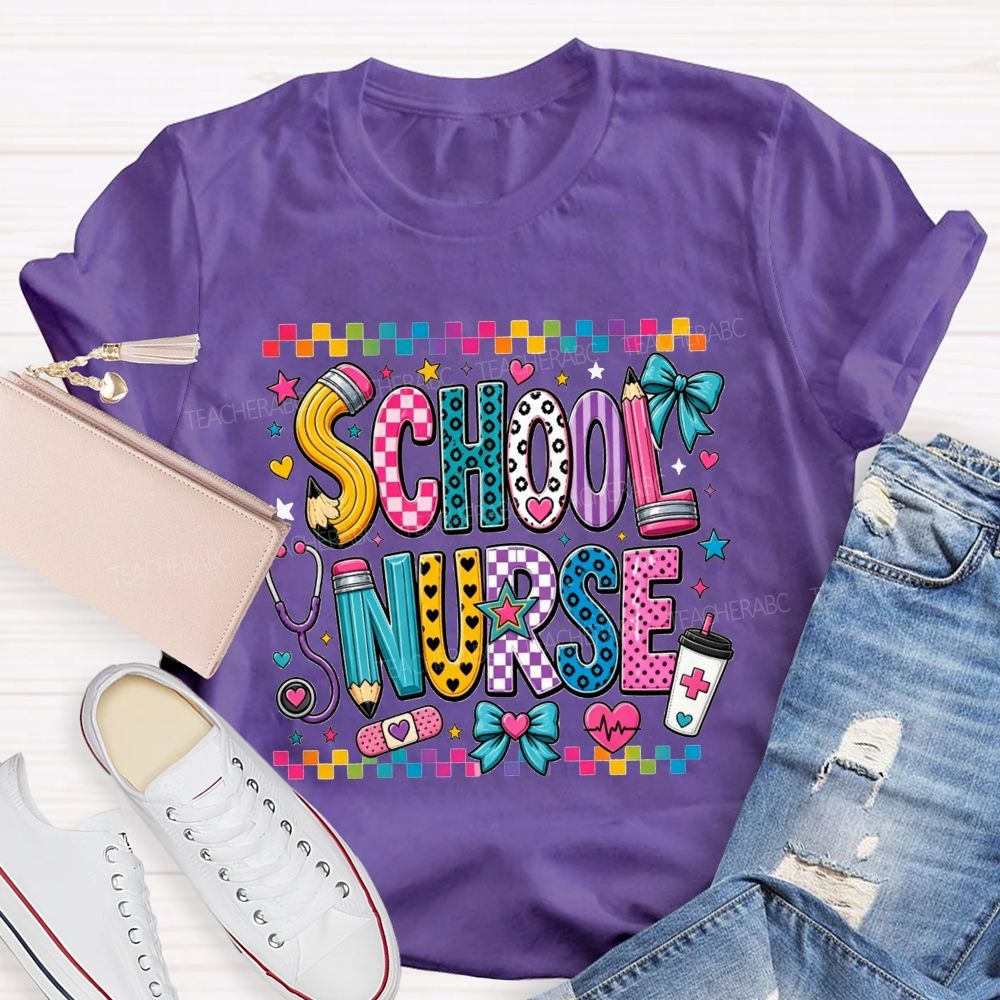 Colorful Doodle School Nurse Color Pencil Stethoscope Coffee T-shirt