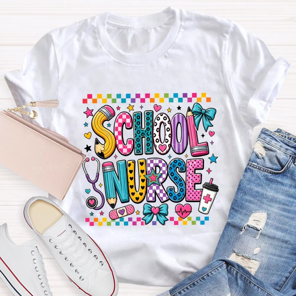 Colorful Doodle School Nurse Color Pencil Stethoscope Coffee T-shirt