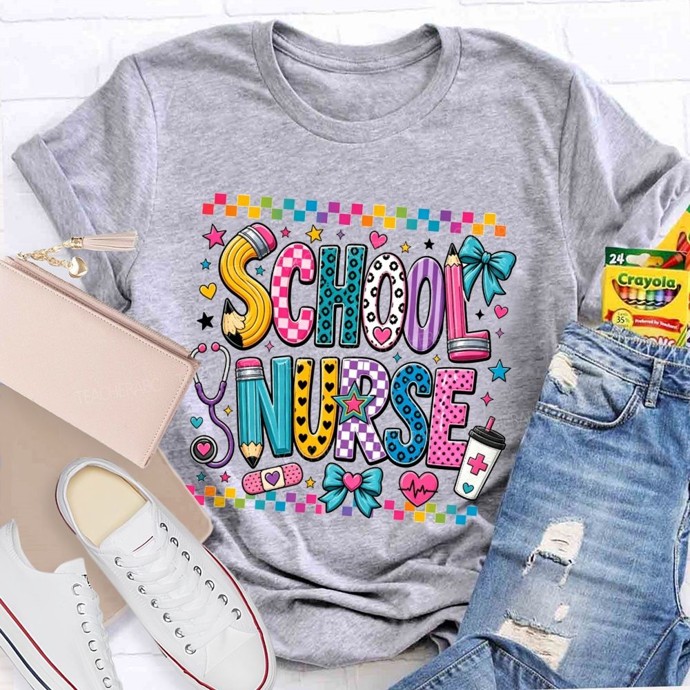 Colorful Doodle School Nurse Color Pencil Stethoscope Coffee T-shirt
