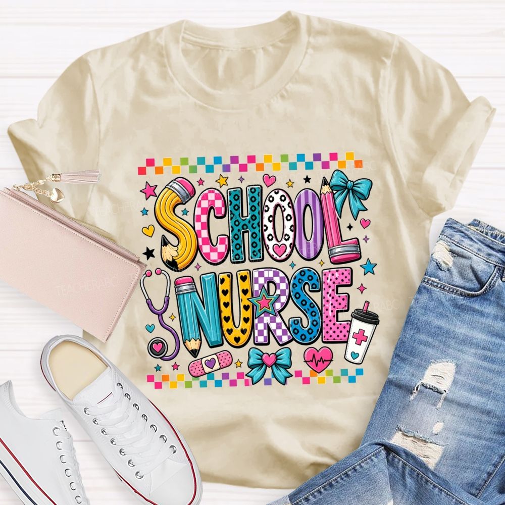 Colorful Doodle School Nurse Color Pencil Stethoscope Coffee T-shirt