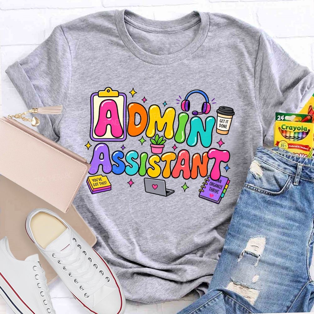 Rainbow Bubble Letter Admin Assistant Teacher T-shirt