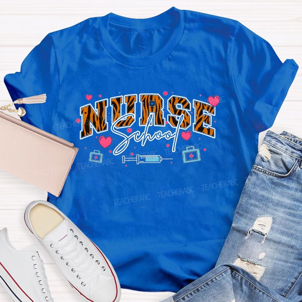 Leopard Varsity Letter School Nurse Pink Heart Medical Doodle T-shirt