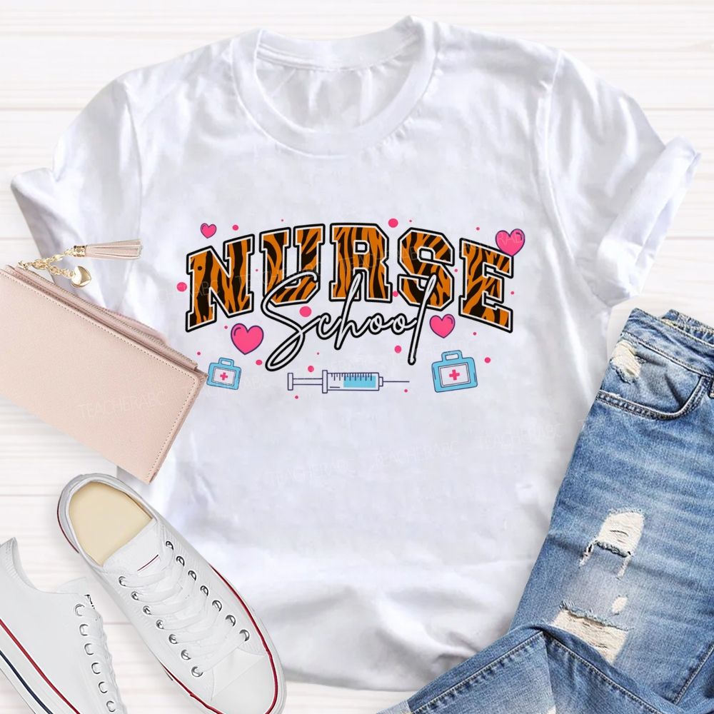 Leopard Varsity Letter School Nurse Pink Heart Medical Doodle T-shirt