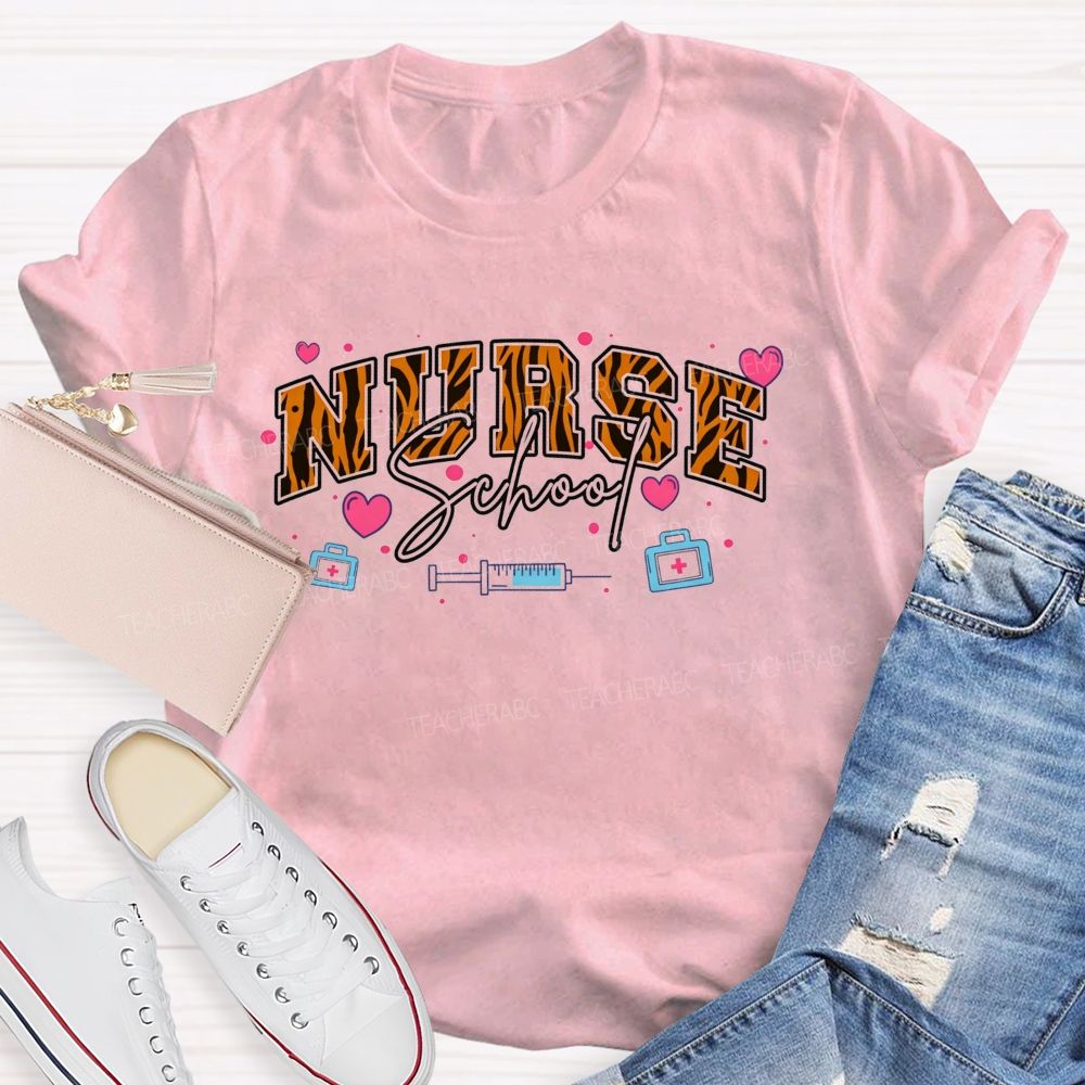 Leopard Varsity Letter School Nurse Pink Heart Medical Doodle T-shirt