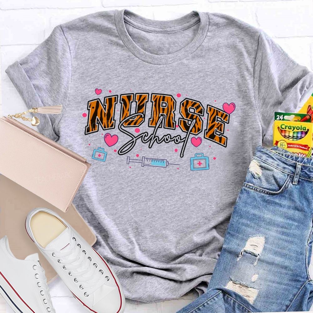 Leopard Varsity Letter School Nurse Pink Heart Medical Doodle T-shirt