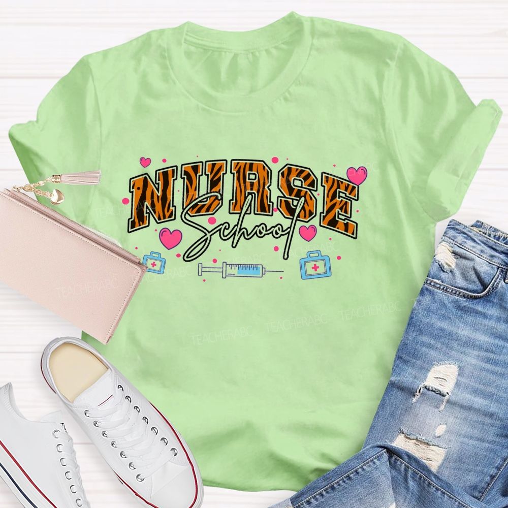 Leopard Varsity Letter School Nurse Pink Heart Medical Doodle T-shirt
