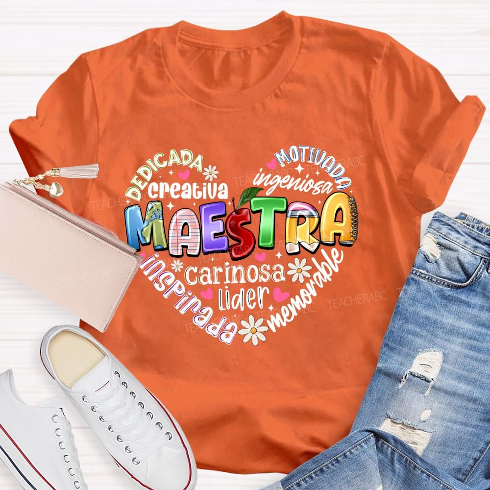Colorful Doodle Maestra Heart Bilingual Teacher T-shirt