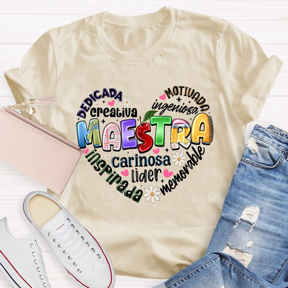 Colorful Doodle Maestra Heart Bilingual Teacher T-shirt