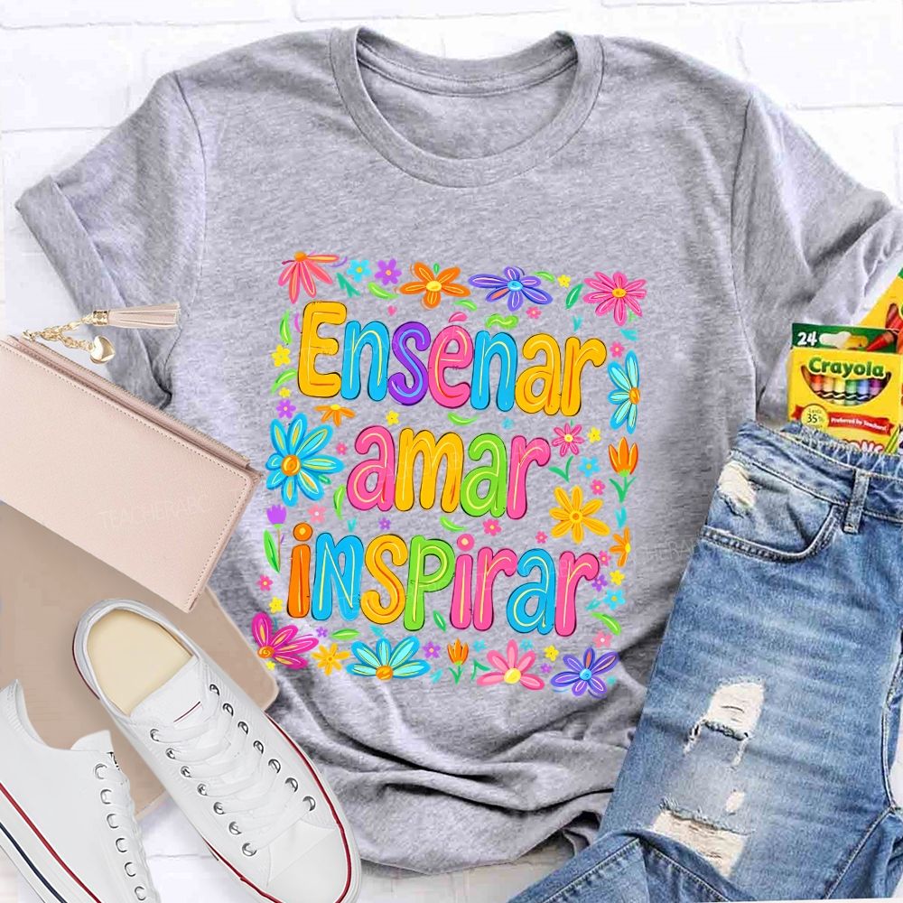 EnseñAr Amar Inspirar Spanish Teacher Colorful Wildflower Teacher T-shirt
