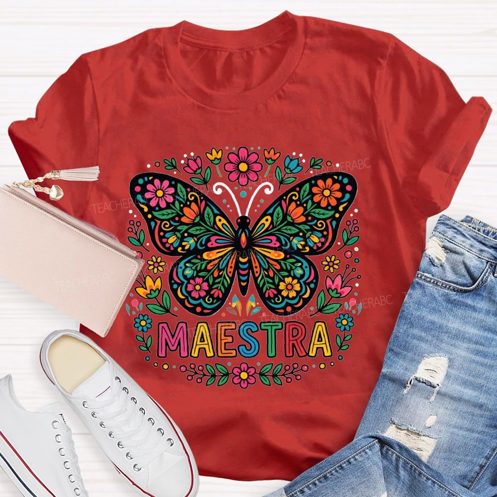 Vibrant Floral Marigold Butterfly Maestra Teacher T-shirt