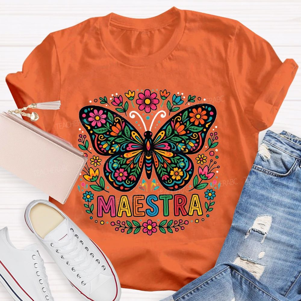 Vibrant Floral Marigold Butterfly Maestra Teacher T-shirt