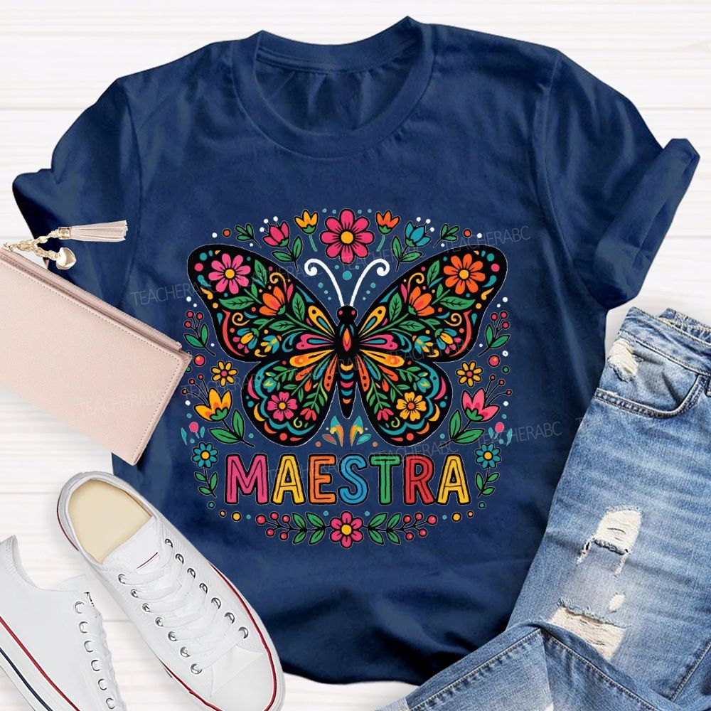 Vibrant Floral Marigold Butterfly Maestra Teacher T-shirt