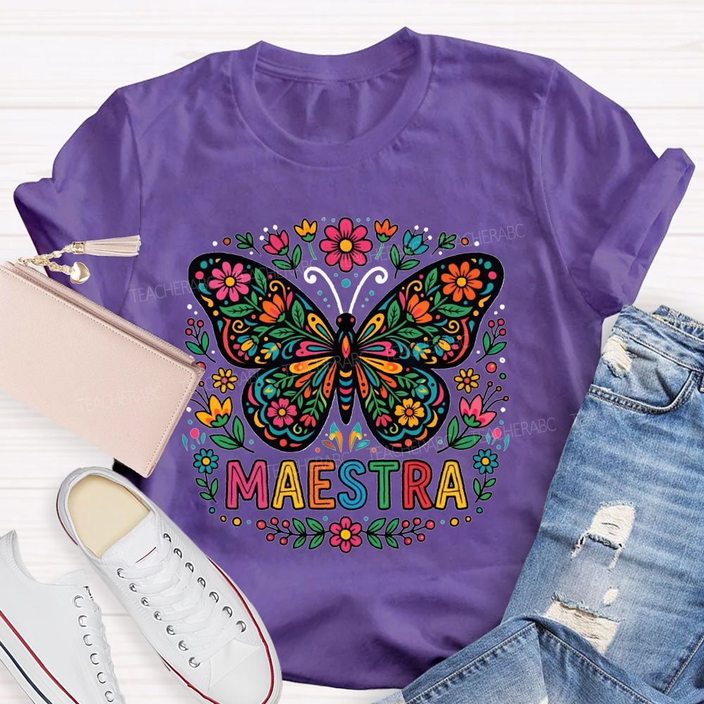 Vibrant Floral Marigold Butterfly Maestra Teacher T-shirt
