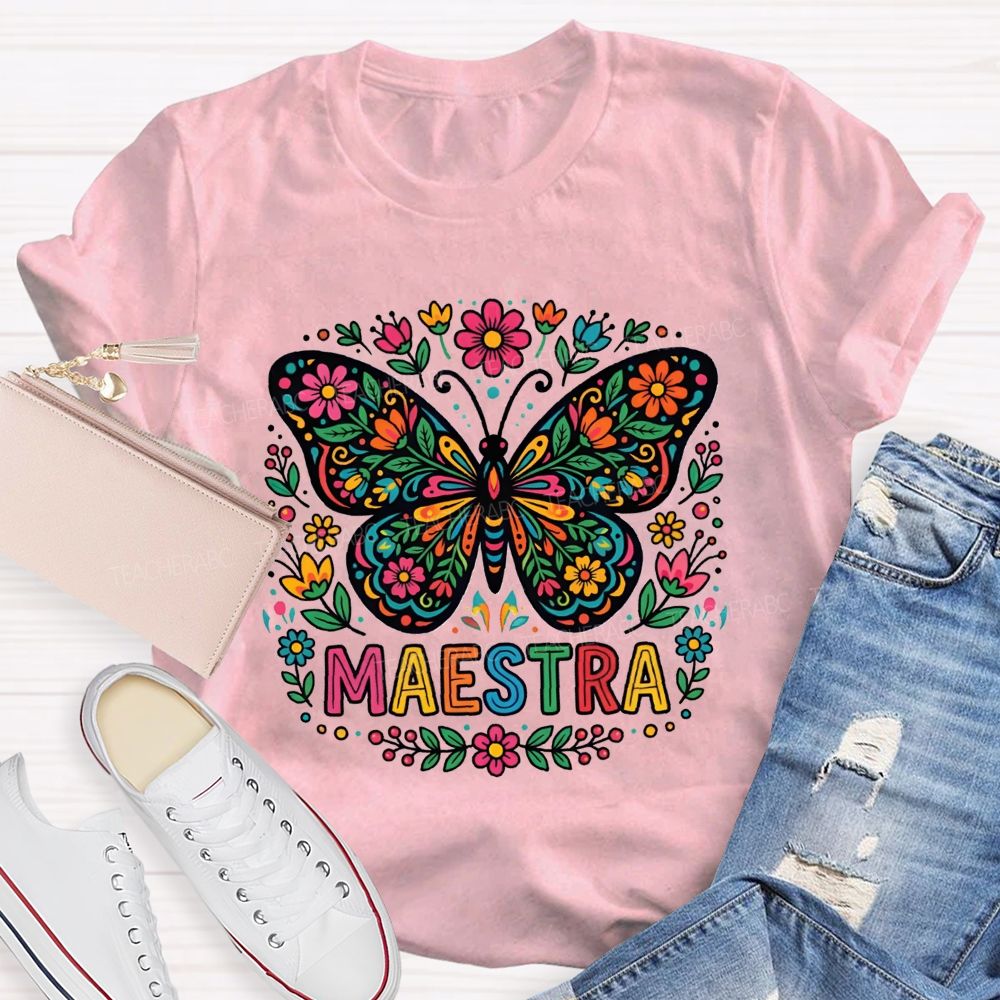 Vibrant Floral Marigold Butterfly Maestra Teacher T-shirt