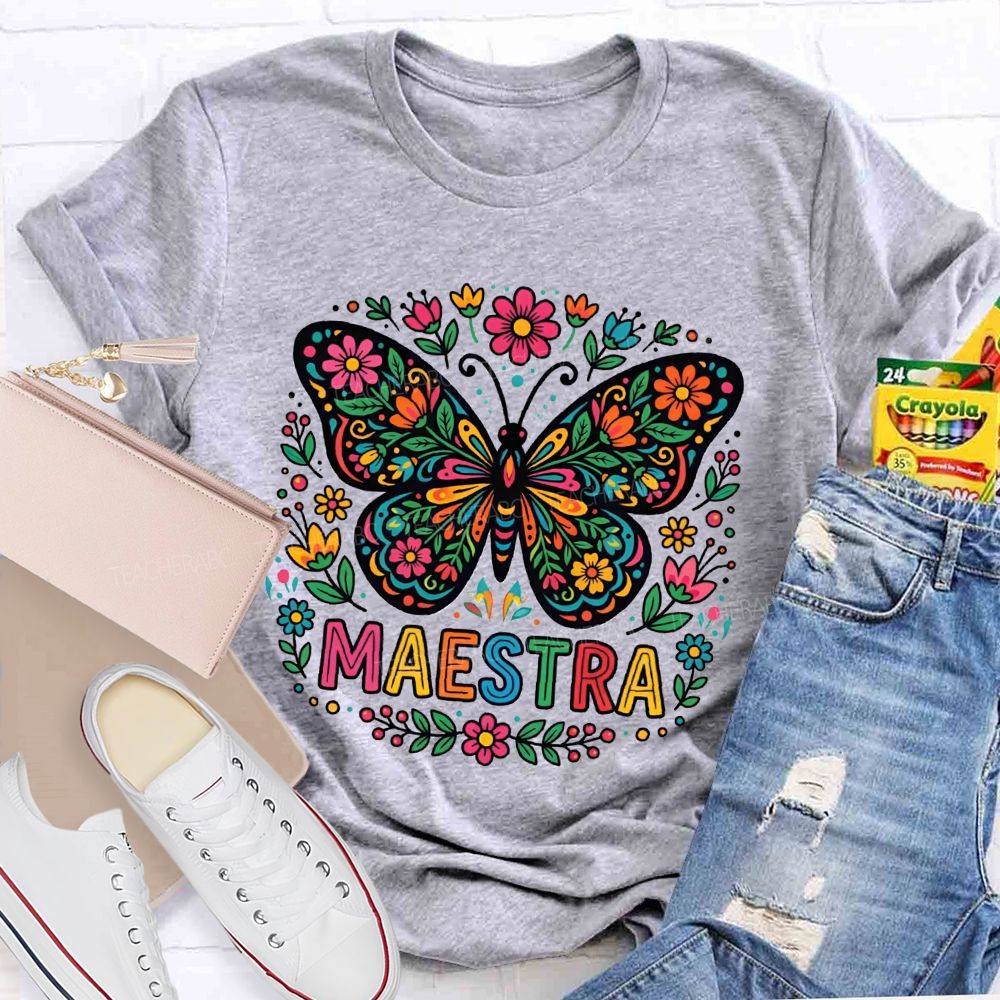 Vibrant Floral Marigold Butterfly Maestra Teacher T-shirt