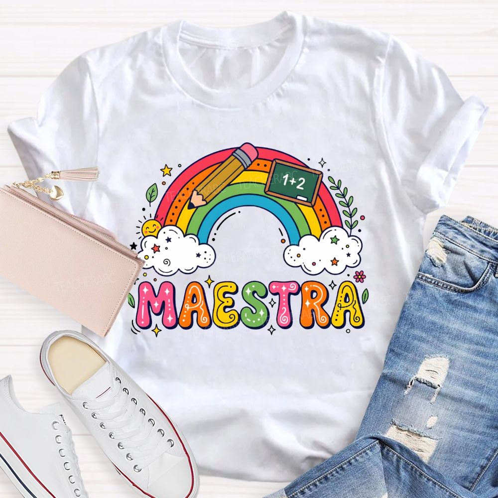 Rainbow Doodle Maestra Bilingual Teacher T-shirt