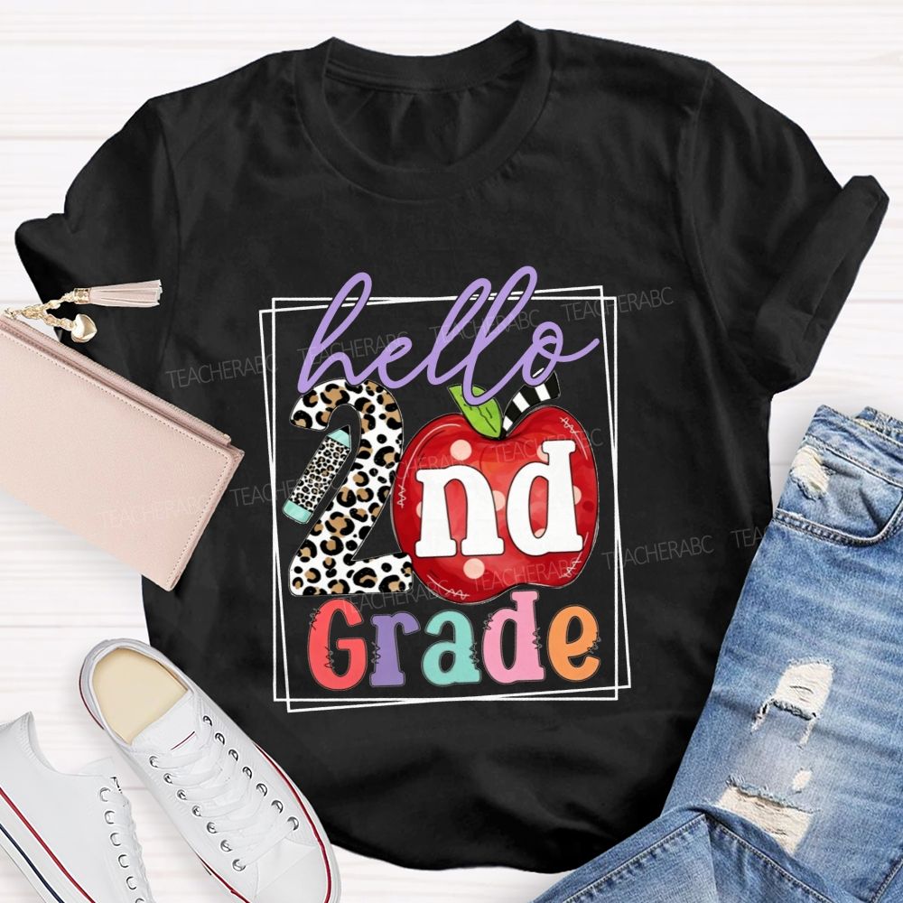 Personalized Grade Hello 2nd Grade Leopard-Print Numbers And Apples Teacher T-shirt