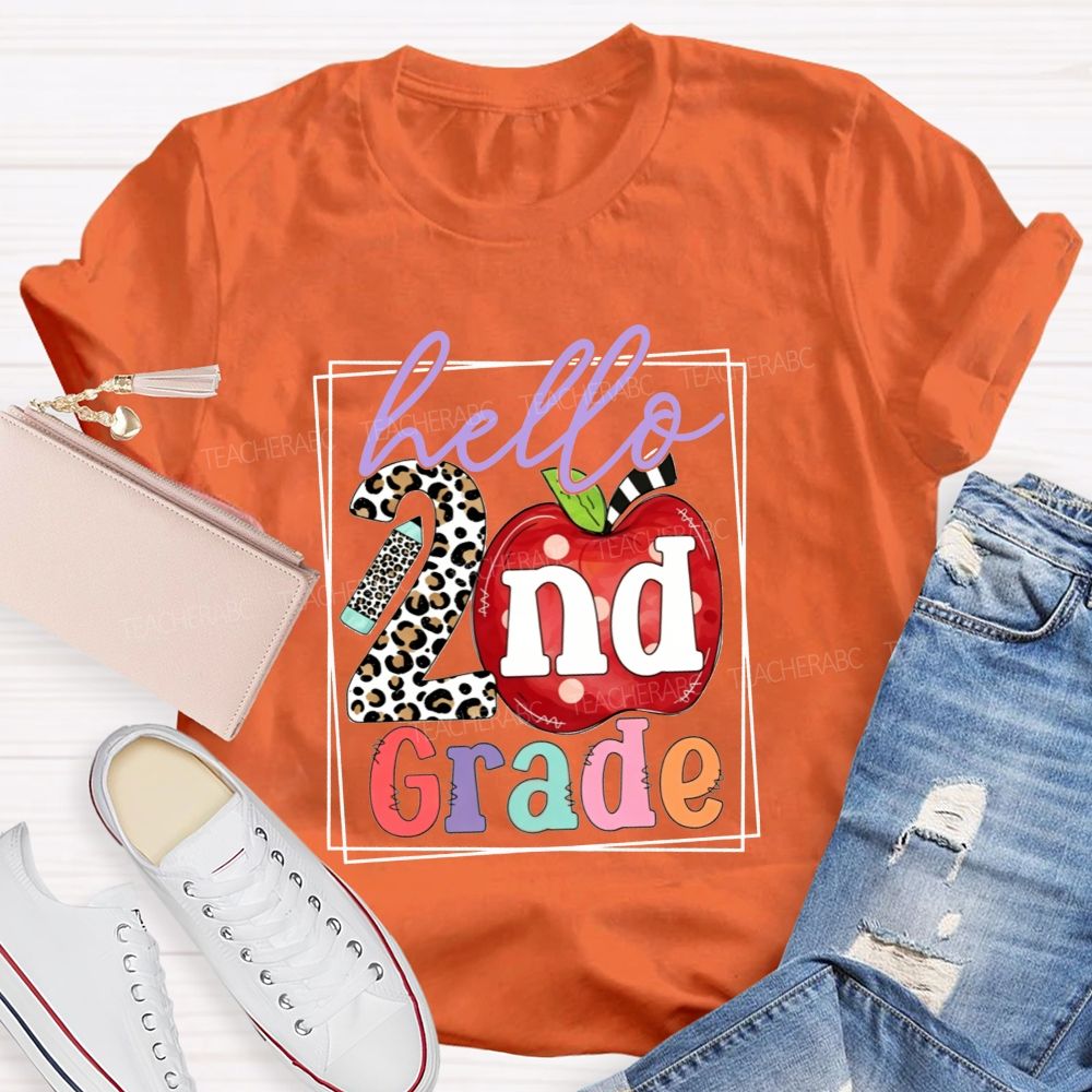Personalized Grade Hello 2nd Grade Leopard-Print Numbers And Apples Teacher T-shirt