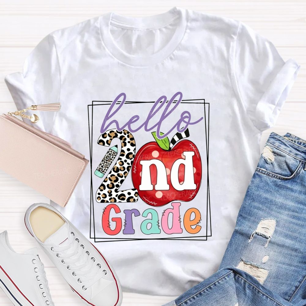 Personalized Grade Hello 2nd Grade Leopard-Print Numbers And Apples Teacher T-shirt