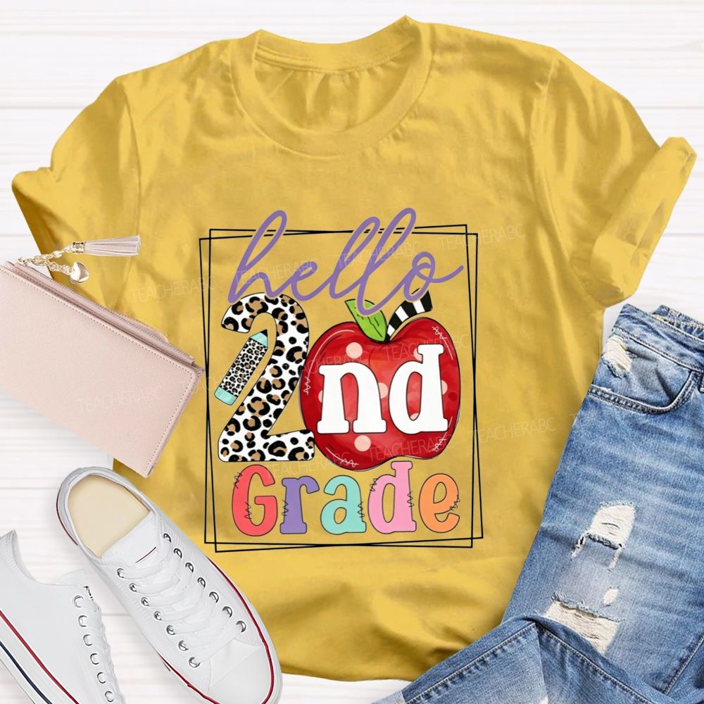 Personalized Grade Hello 2nd Grade Leopard-Print Numbers And Apples Teacher T-shirt