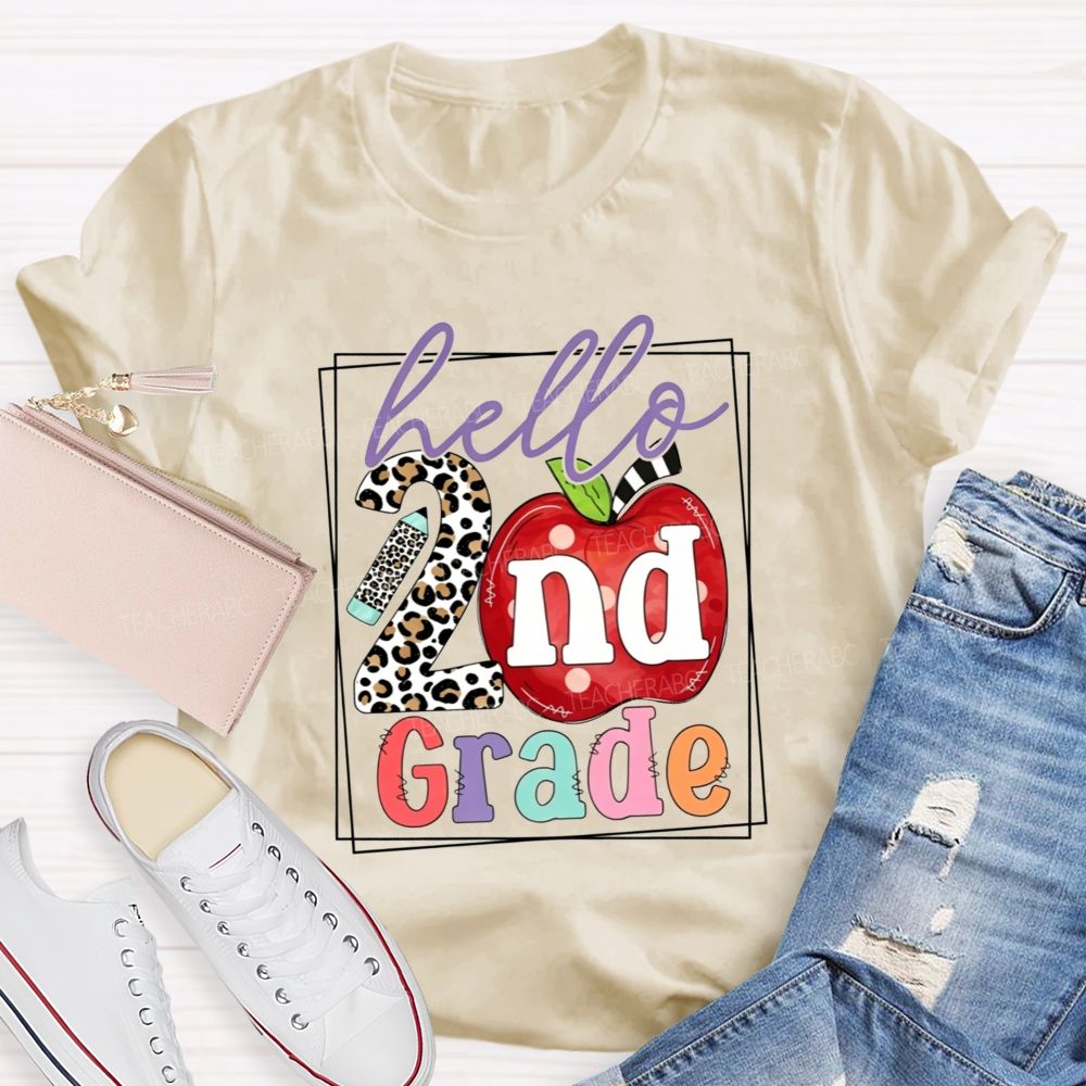 Personalized Grade Hello 2nd Grade Leopard-Print Numbers And Apples Teacher T-shirt