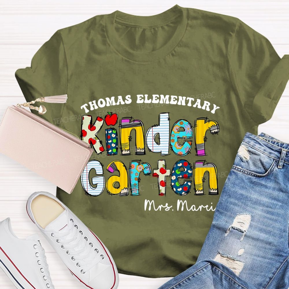 Personalized School Name And Teacher Name Of Kindergarten Apple Teacher T-Shirt