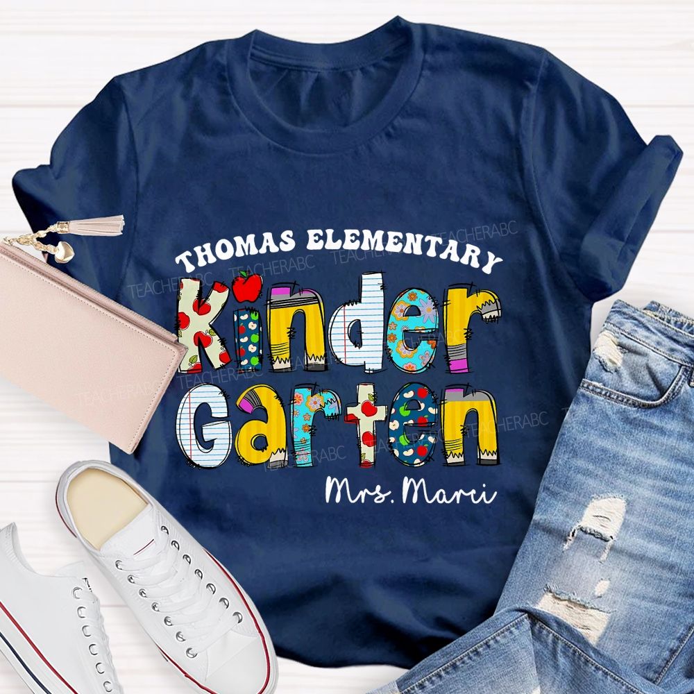 Personalized School Name And Teacher Name Of Kindergarten Apple Teacher T-Shirt
