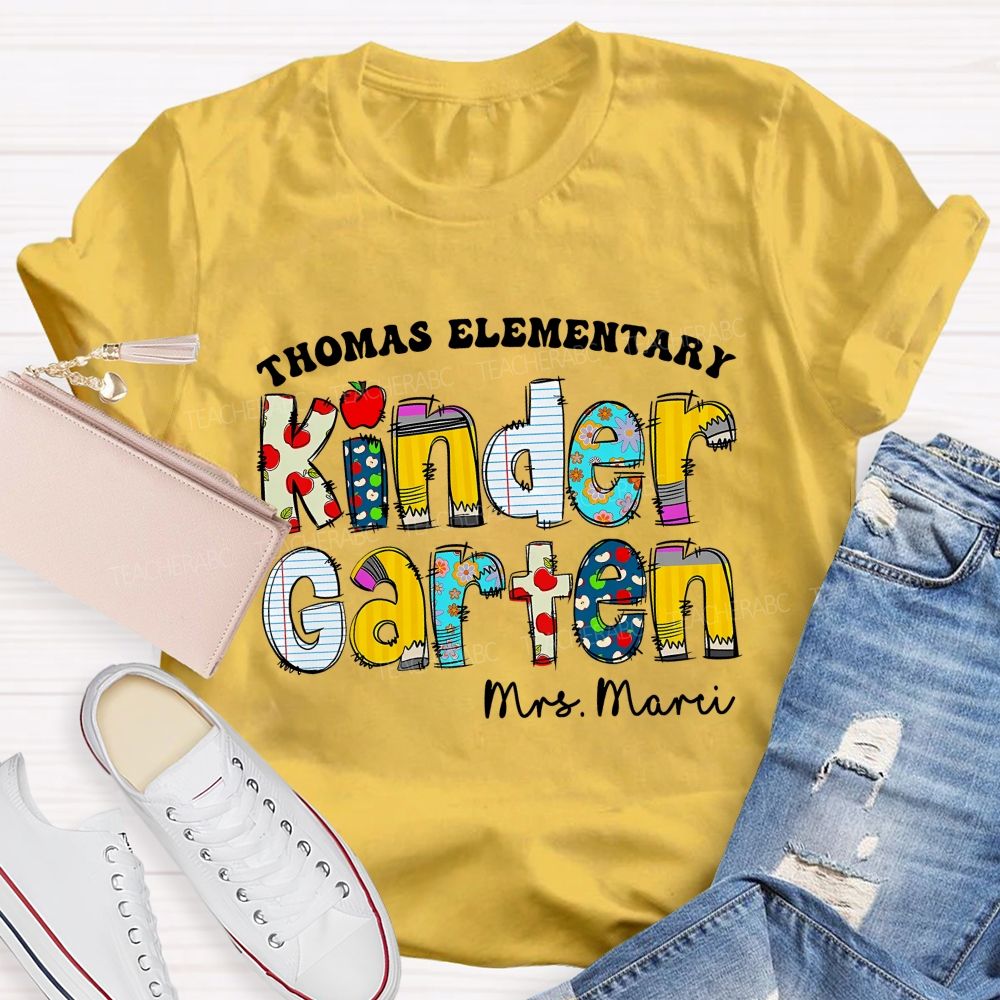Personalized School Name And Teacher Name Of Kindergarten Apple Teacher T-Shirt