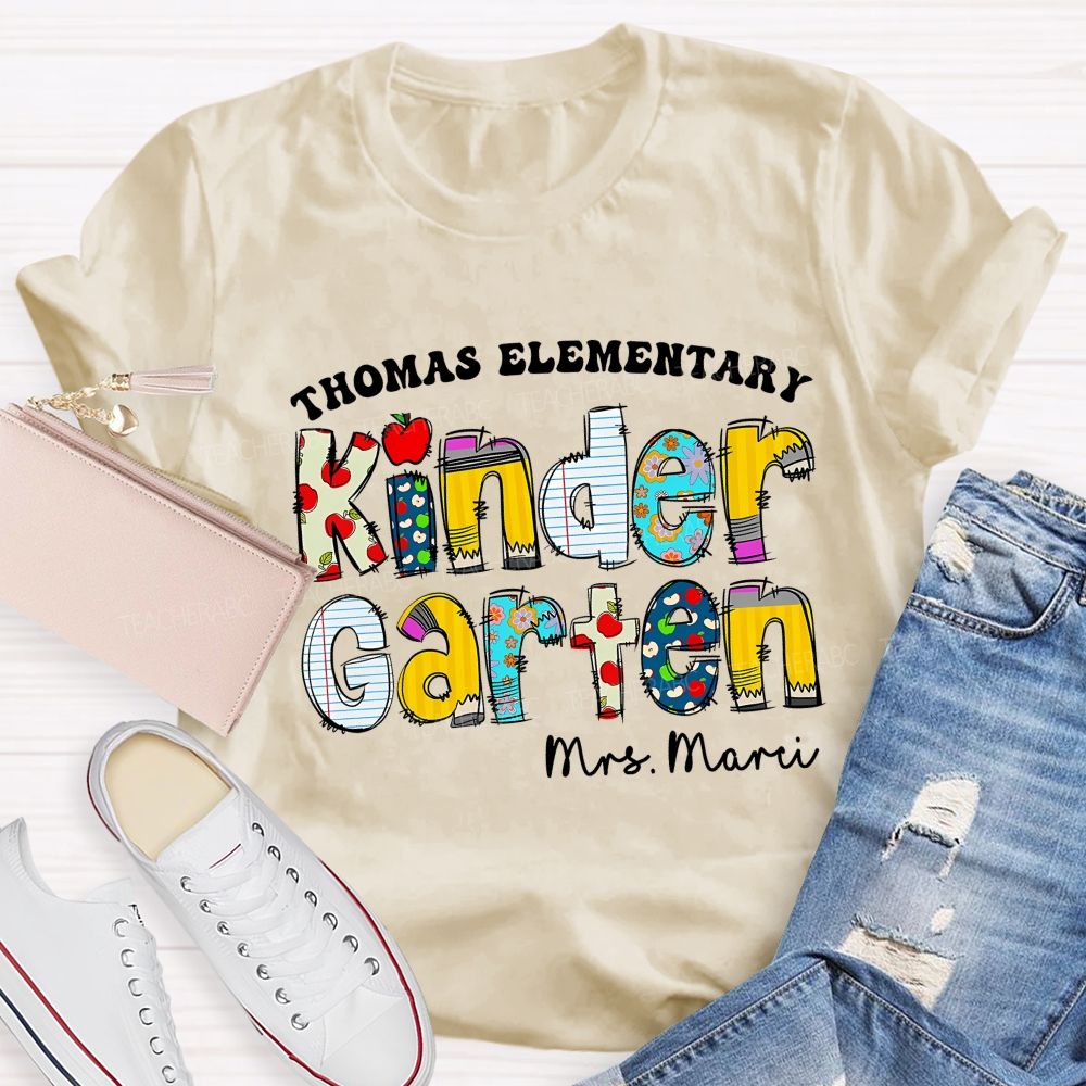 Personalized School Name And Teacher Name Of Kindergarten Apple Teacher T-Shirt