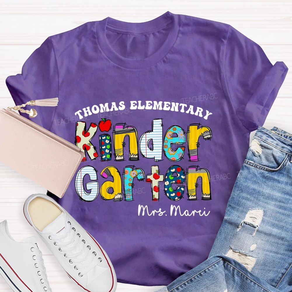 Personalized School Name And Teacher Name Of Kindergarten Apple Teacher T-Shirt