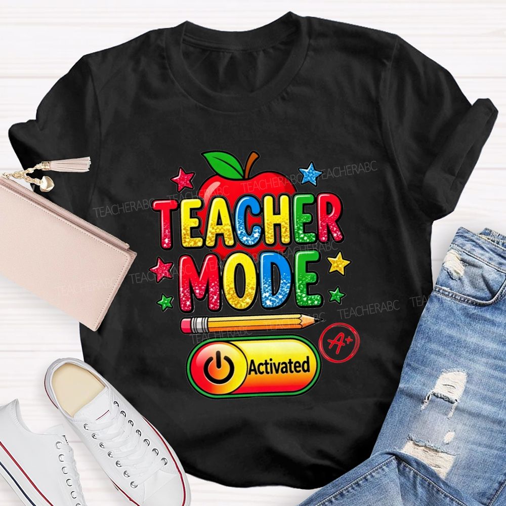 Teacher Mode Activated Glitter Rainbow Apple Pencil Star Teacher T-shirt