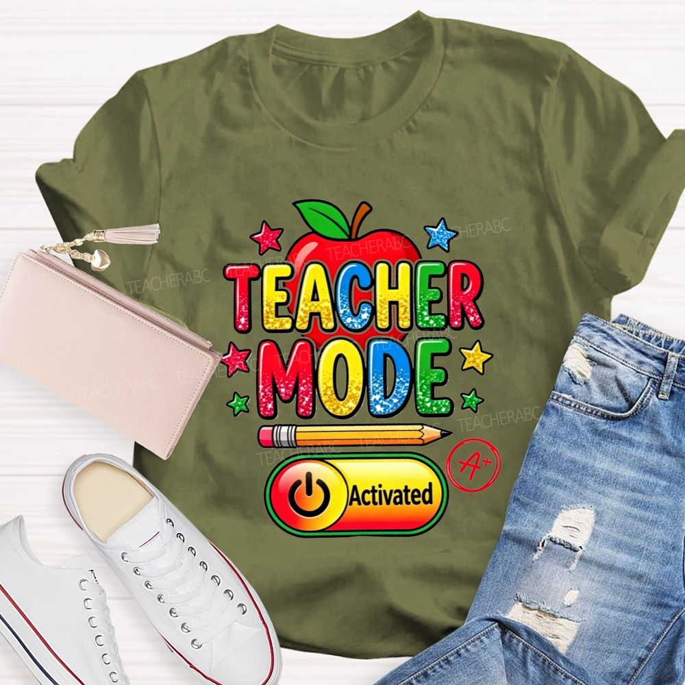 Teacher Mode Activated Glitter Rainbow Apple Pencil Star Teacher T-shirt