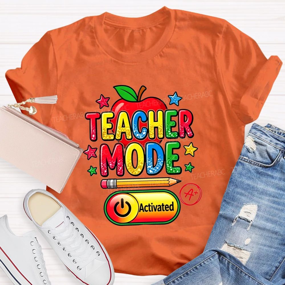 Teacher Mode Activated Glitter Rainbow Apple Pencil Star Teacher T-shirt