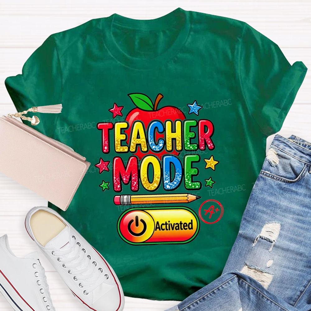 Teacher Mode Activated Glitter Rainbow Apple Pencil Star Teacher T-shirt