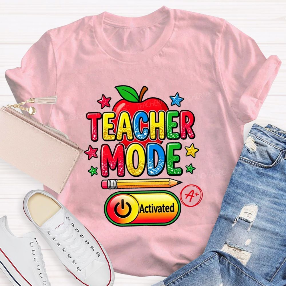 Teacher Mode Activated Glitter Rainbow Apple Pencil Star Teacher T-shirt