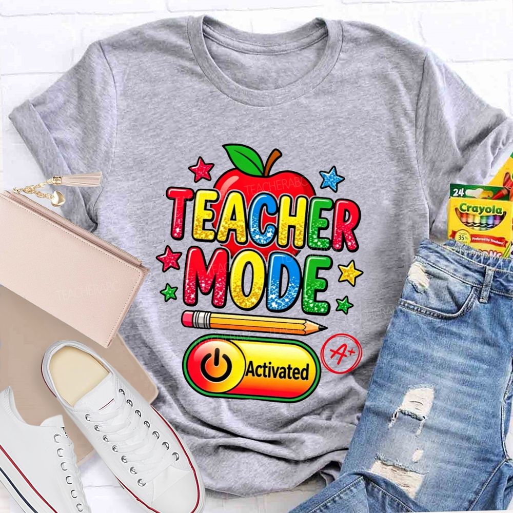Teacher Mode Activated Glitter Rainbow Apple Pencil Star Teacher T-shirt