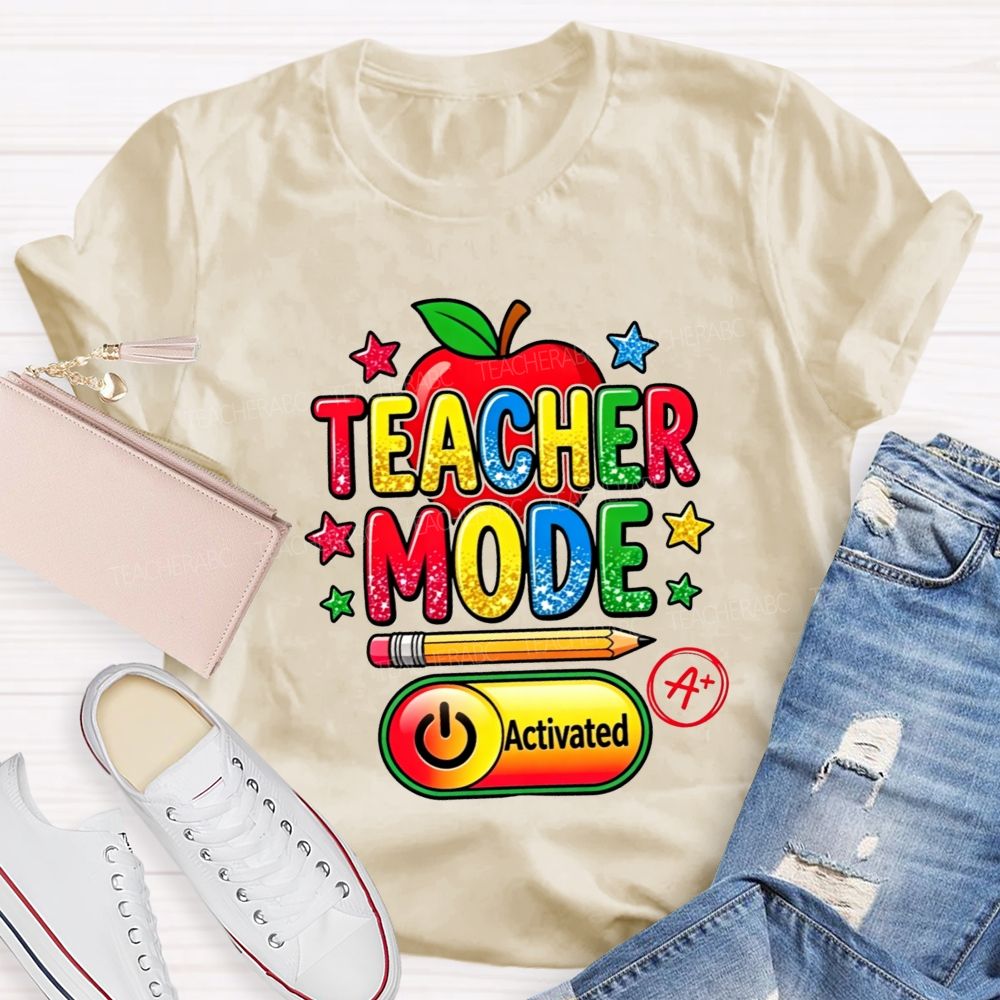Teacher Mode Activated Glitter Rainbow Apple Pencil Star Teacher T-shirt