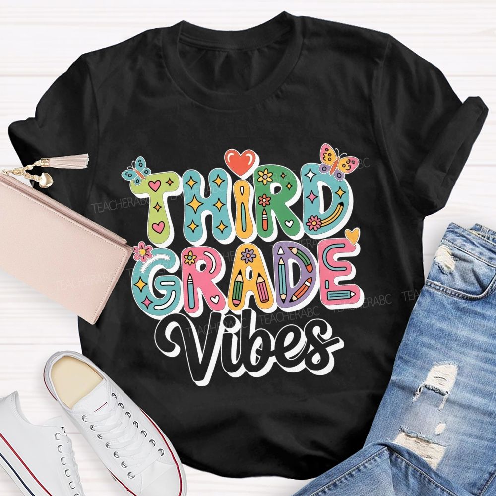 Personalized Grade Third Grade Vibes Bubble Letter Butterfly Flower Pencil Teacher T-shirt