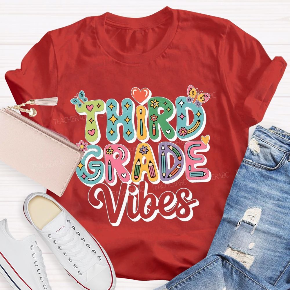 Personalized Grade Third Grade Vibes Bubble Letter Butterfly Flower Pencil Teacher T-shirt