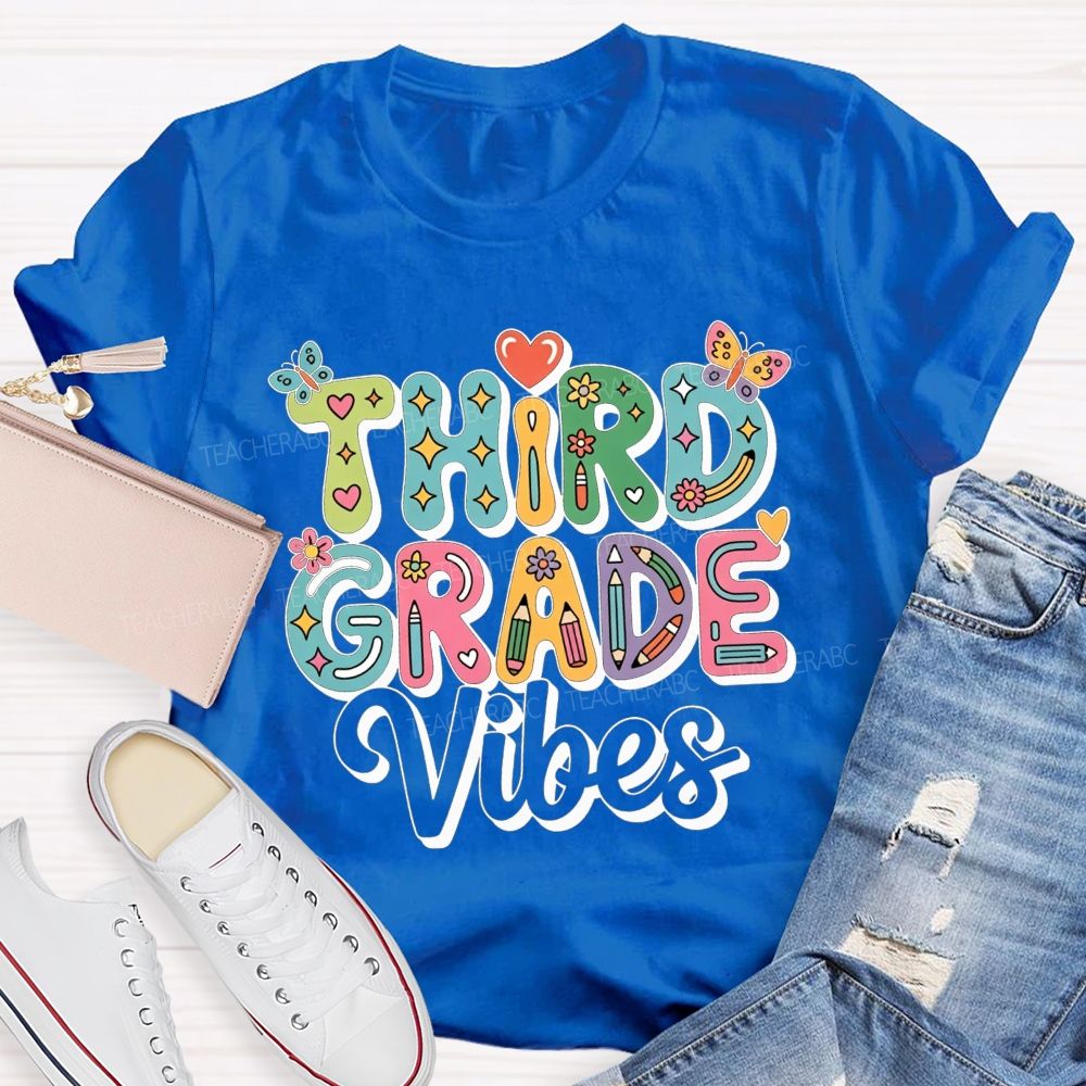 Personalized Grade Third Grade Vibes Bubble Letter Butterfly Flower Pencil Teacher T-shirt