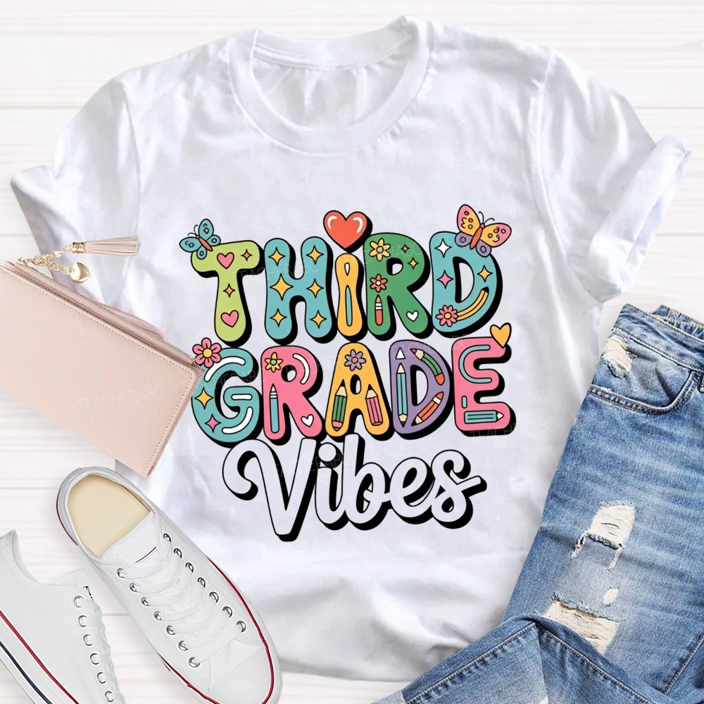 Personalized Grade Third Grade Vibes Bubble Letter Butterfly Flower Pencil Teacher T-shirt