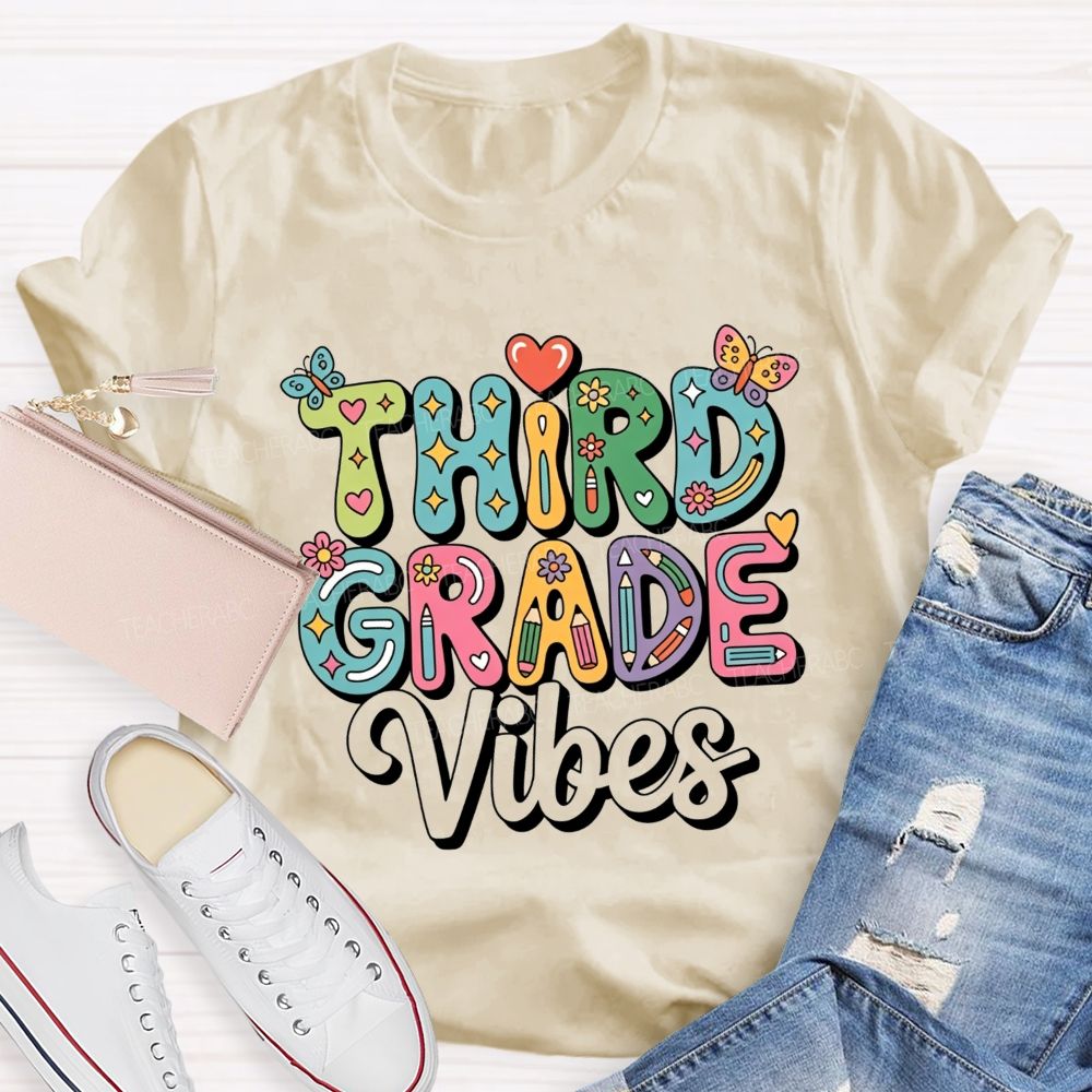 Personalized Grade Third Grade Vibes Bubble Letter Butterfly Flower Pencil Teacher T-shirt