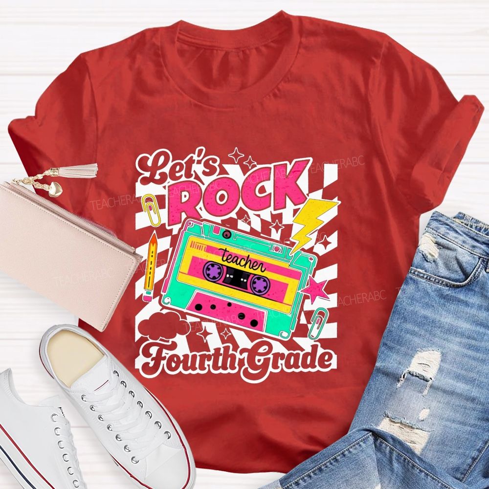 Personalized Grade Let’S Rock Fourth Grade Colorful Pencil Paperclip Print Teacher T-shirt