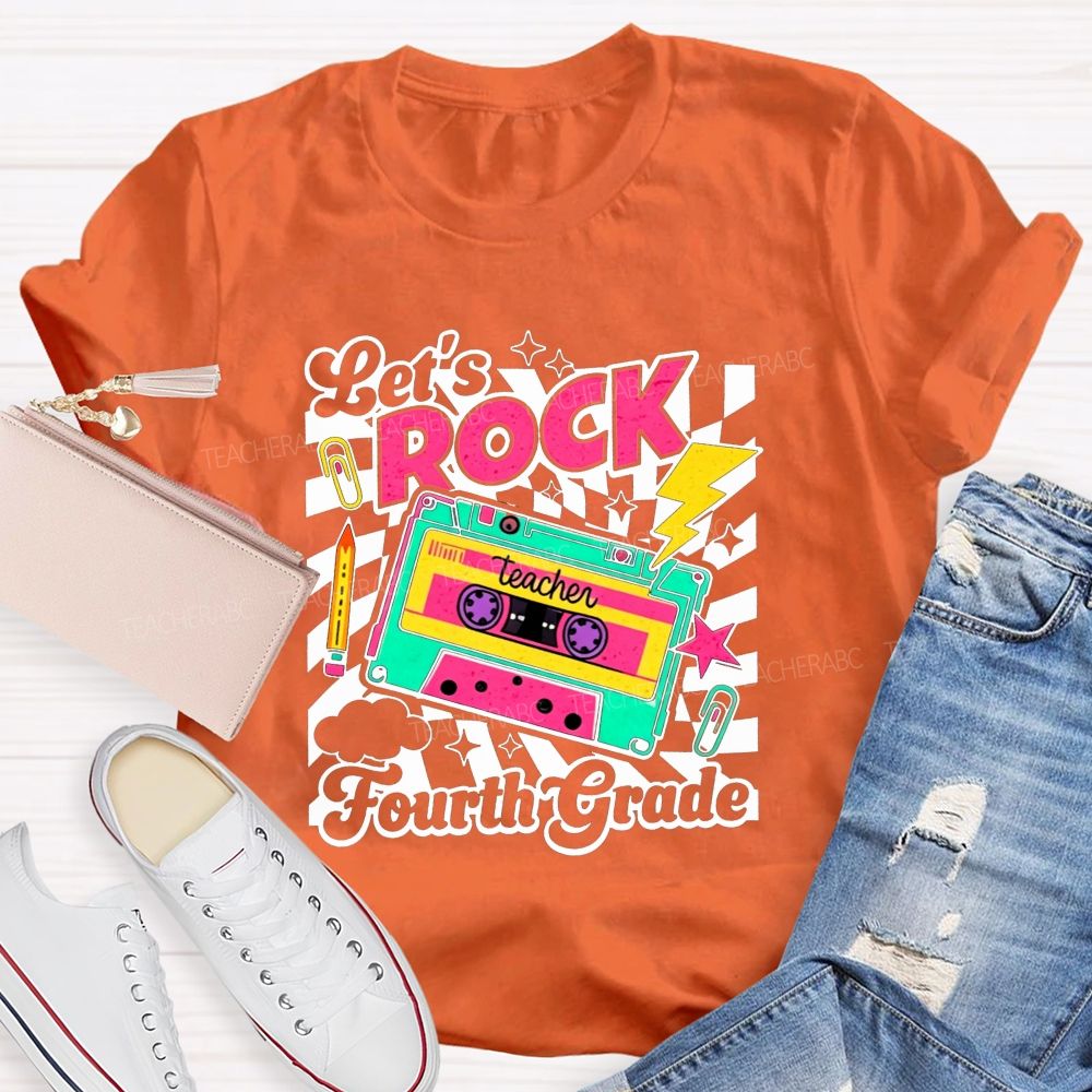 Personalized Grade Let’S Rock Fourth Grade Colorful Pencil Paperclip Print Teacher T-shirt