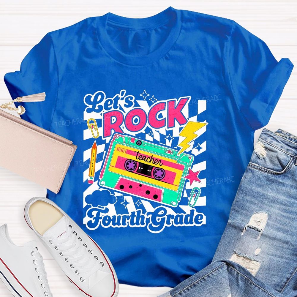 Personalized Grade Let’S Rock Fourth Grade Colorful Pencil Paperclip Print Teacher T-shirt