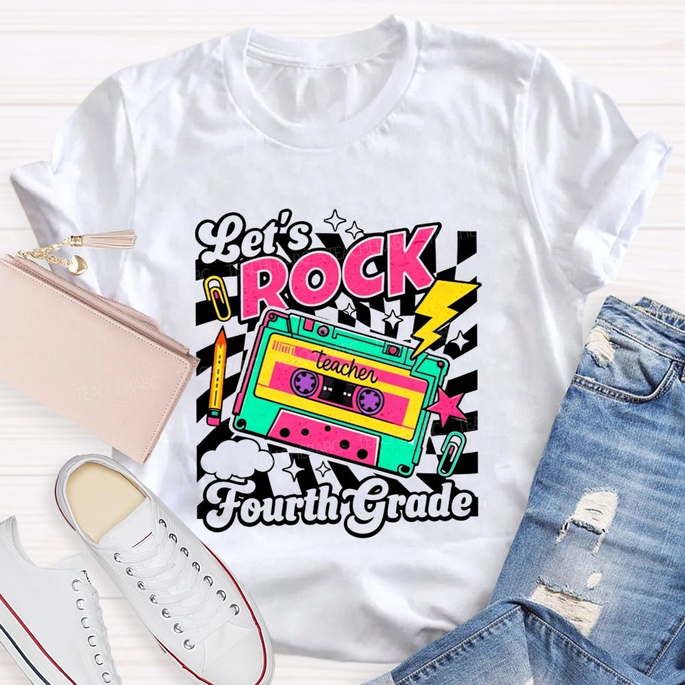Personalized Grade Let’S Rock Fourth Grade Colorful Pencil Paperclip Print Teacher T-shirt