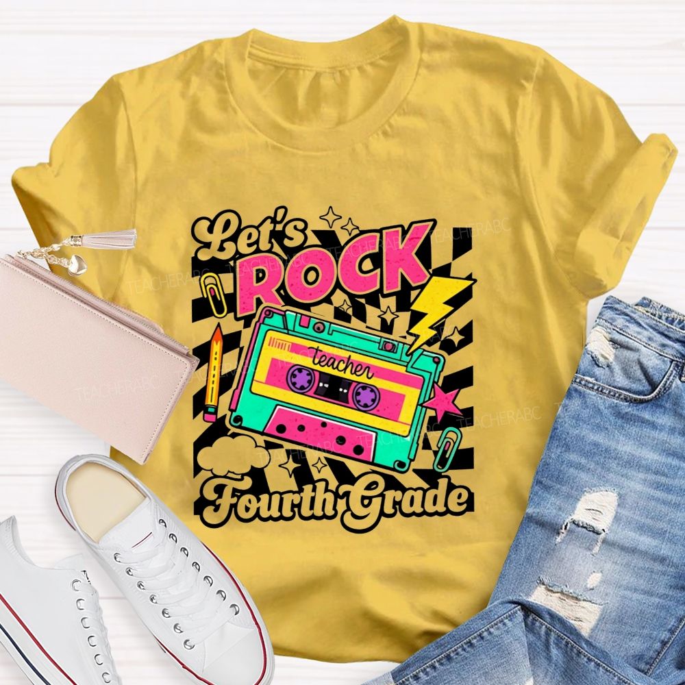 Personalized Grade Let’S Rock Fourth Grade Colorful Pencil Paperclip Print Teacher T-shirt