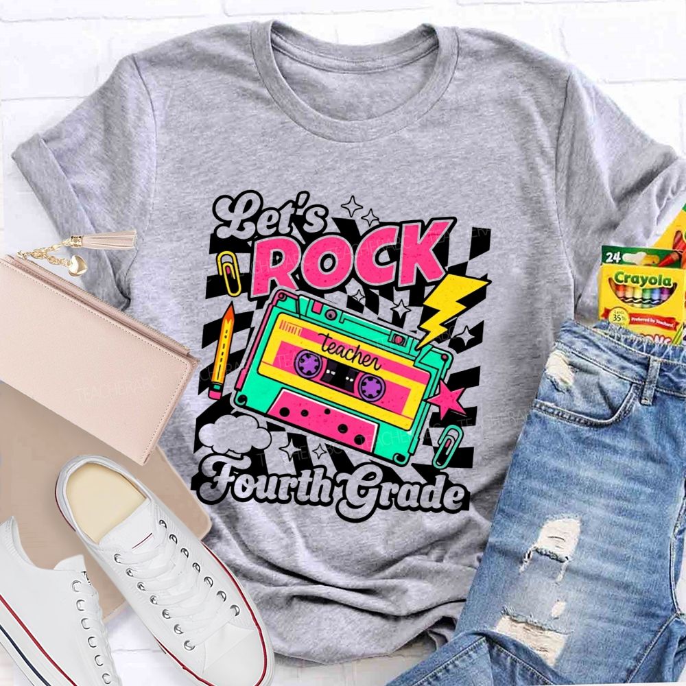 Personalized Grade Let’S Rock Fourth Grade Colorful Pencil Paperclip Print Teacher T-shirt