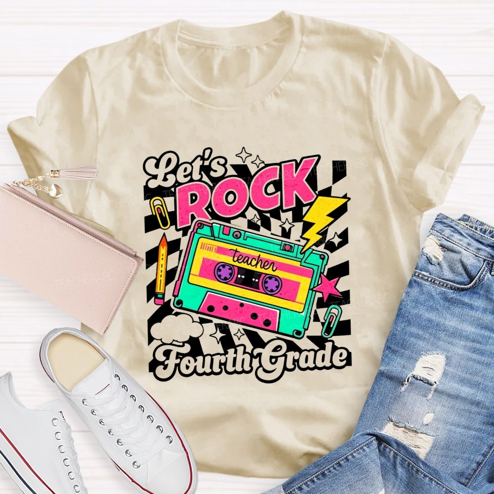 Personalized Grade Let’S Rock Fourth Grade Colorful Pencil Paperclip Print Teacher T-shirt